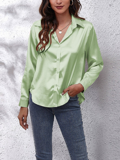 Long Sleeves Loose Solid Color Lapel Blouses LIGHT GREEN