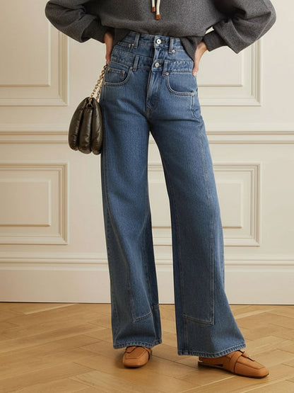 High Waisted Loose Buttoned No Belt Pockets Split-Joint Jean Pants Bottoms