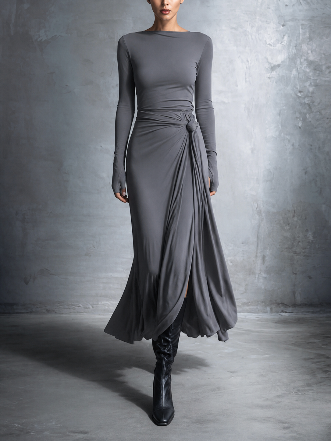 Split-Joint Solid Color Knot Asymmetric Long Sleeves Round-neck Maxi Dresses
