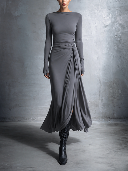 Split-Joint Solid Color Knot Asymmetric Long Sleeves Round-neck Maxi Dresses
