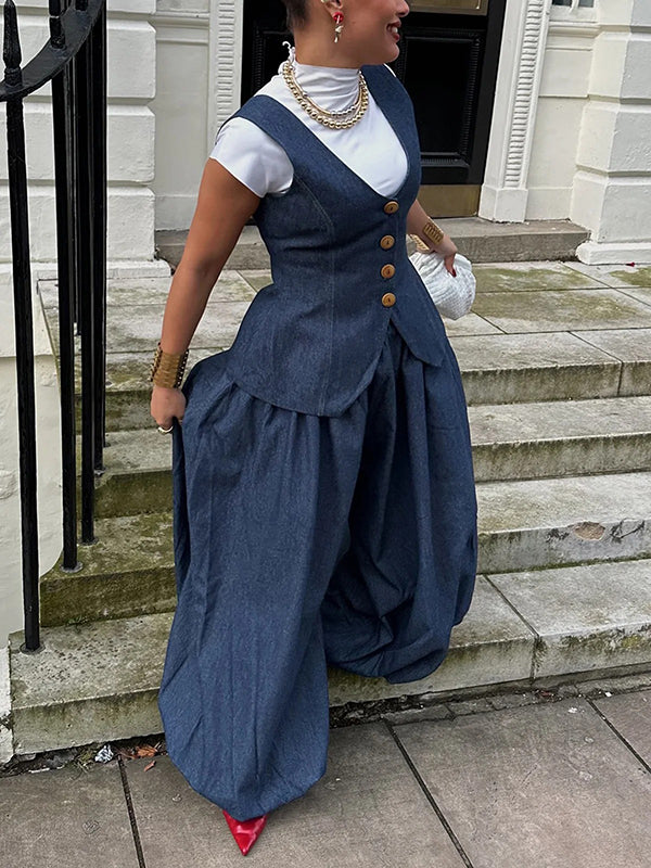 Pantalon sarouel ample plissé couleur unie en jean 