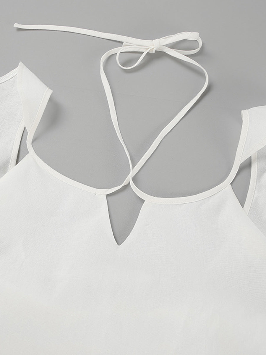 High Waisted Loose Backless Hollow Pockets Solid Color Split-Joint Halter-Neck Blouses&Shirts Tops Pants Trousers Two Pieces Set