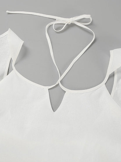 High Waisted Loose Backless Hollow Pockets Solid Color Split-Joint Halter-Neck Blouses&Shirts Tops Pants Trousers Two Pieces Set