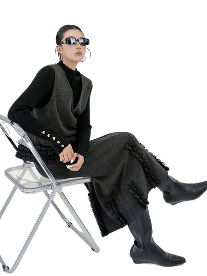 Contrast Color Ruffled Split-Joint V-Neck Vest Top + Elasticated Waist High Waisted Pleated Skirts Bottoms Two Pieces Set