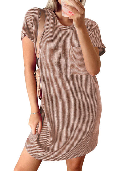 A-Line Loose Contrast Color Pockets Split-Joint Striped Round-Neck Mini Dresses