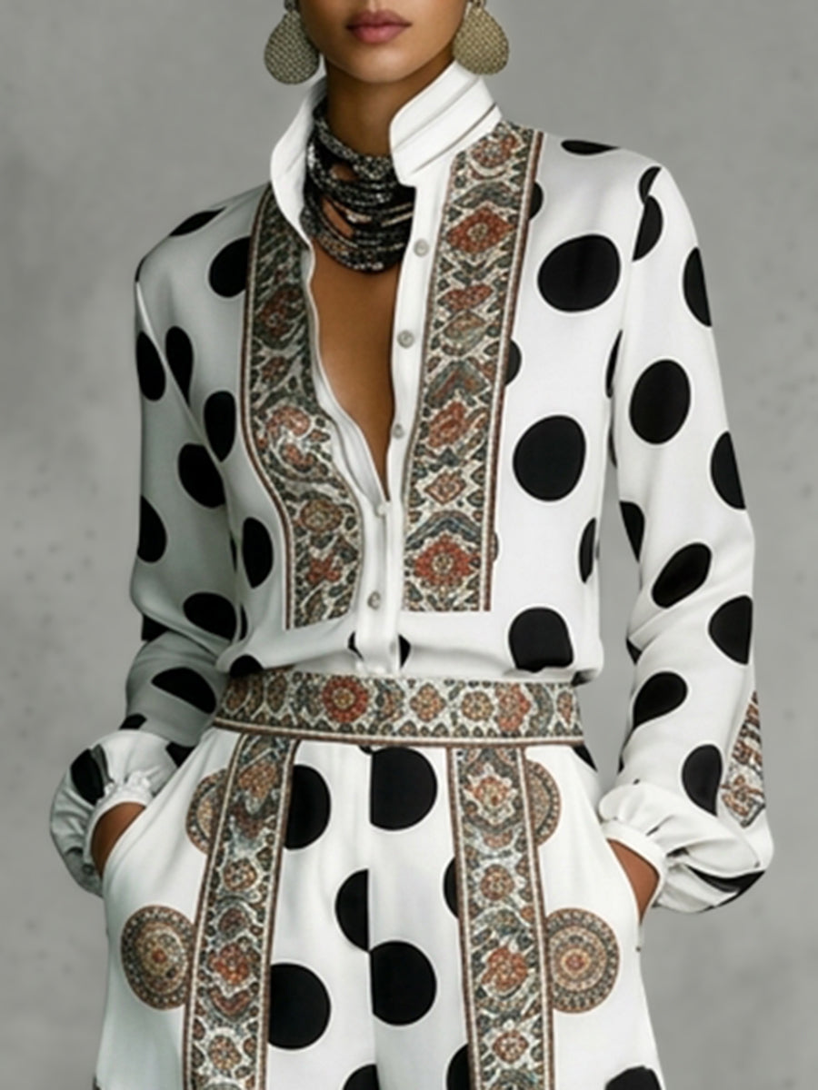 Long Sleeves Loose Buttoned Contrast Color Polka Dot Printed Stand Collar Blouses&Shirts Tops