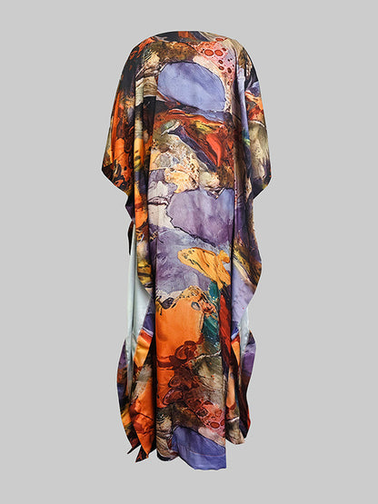 Batwing Sleeves Loose Gauze Printed Split-Joint V-Neck Maxi Dresses