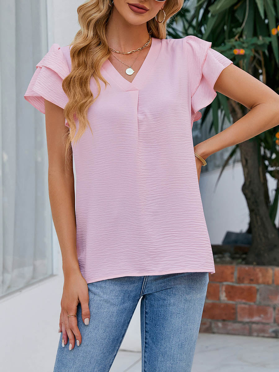 Loose Ruffle Sleeves Solid Color Split-Joint Textured V-Neck Blouses&Shirts Tops