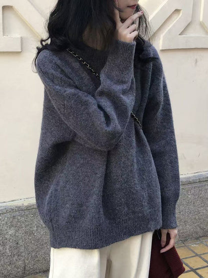 Simple Loose Long Sleeves Round-Neck Sweater Tops Pullovers