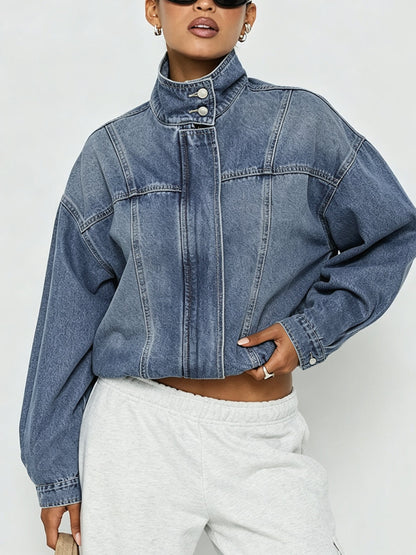 Zipper Elasticity Buttoned Loose Long Sleeves Stand Collar Outerwear Jackets