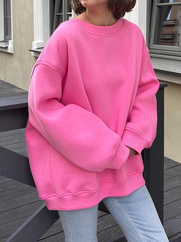 Long Sleeves Loose Solid Color Round-Neck Sweatshirt Tops PINK