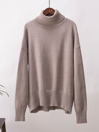 High-Low Long Sleeves Solid Color Split-Joint High Neck Sweater Tops