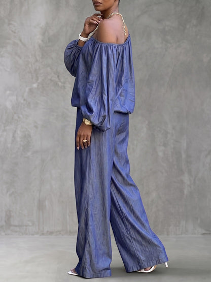 Solid Color One-Shoulder Long Sleeves Pleated Elasticity Blouses&Shirts Tops + High Waisted Pants Trousers Two Pieces Set