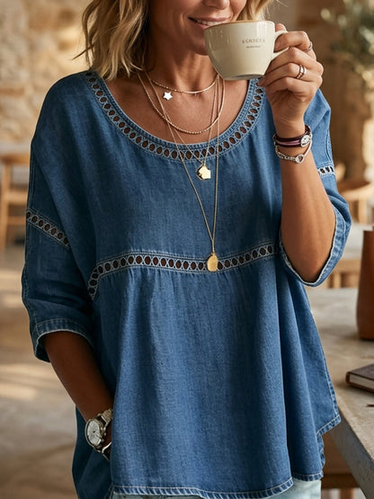 Loose Three-Quarter Sleeves Hollow Solid Color Round-Neck Blouses&Shirts Tops