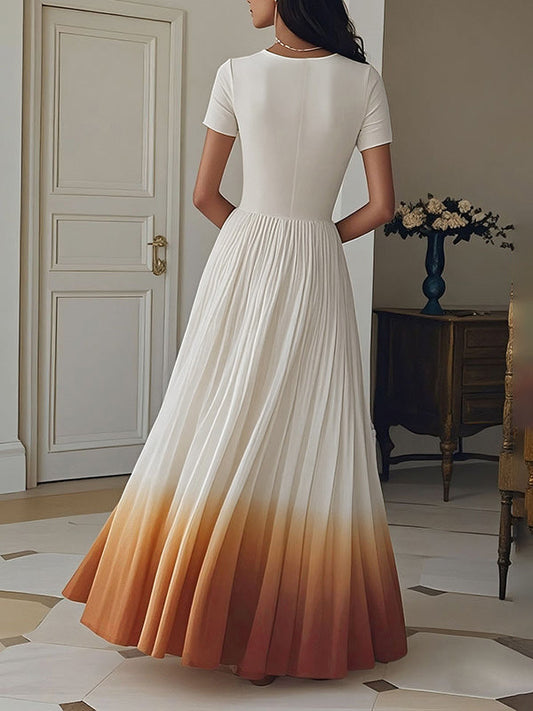 A-Line High Waisted Gradient Pleated Zipper V-Neck Maxi Dresses