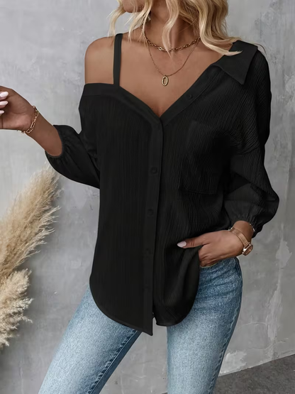 Long Sleeves Loose Buttoned Pockets Solid Color One-Shoulder Blouses&Shirts Tops