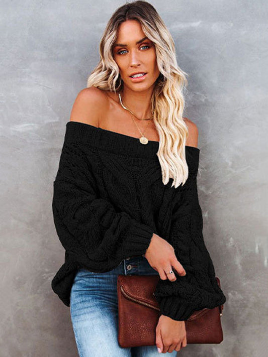 Vintage Long Sleeves Loose Solid Color Off-The-Shoulder Sweater Tops