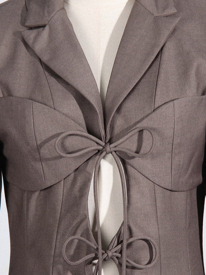 Long Sleeves Loose Pockets Solid Color Tied Notched Collar Blazer Outerwear