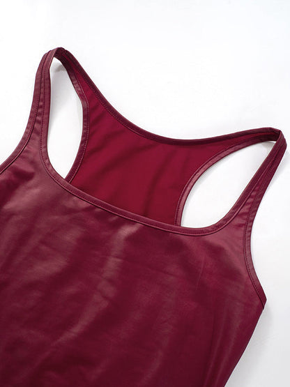 Skinny Sleeveless Shiny Solid Color Split-Joint Spaghetti-Neck Vest Top