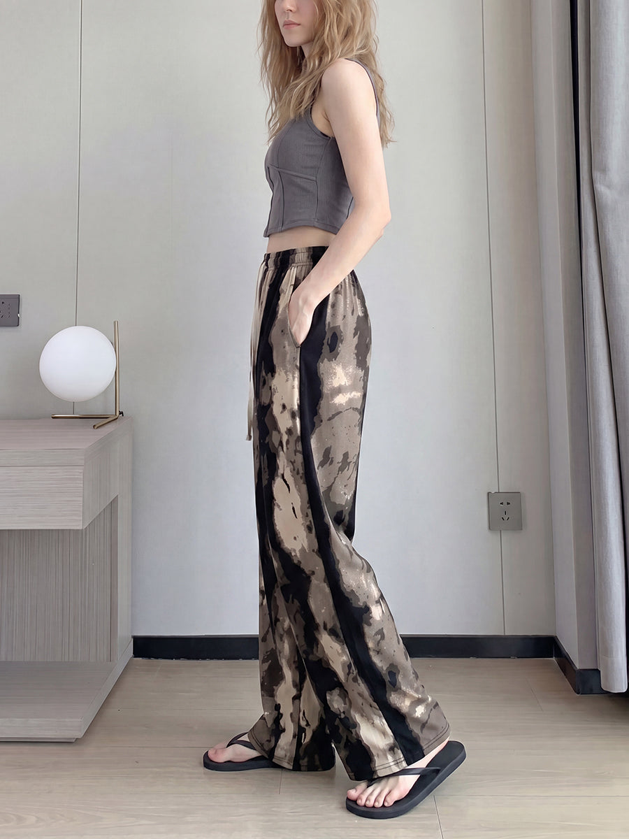 High Waisted Wide Leg Drawstring Elasticity Printed Pants Trousers