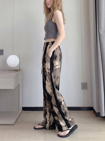 High Waisted Wide Leg Drawstring Elasticity Printed Pants Trousers