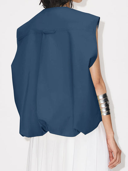 Gilet ample sans manches à poches fendues et fermeture éclair à col rond 