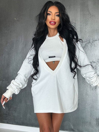 Loose Solid Color Round-Neck Mini Dresses & Vest Top Two Pieces Set