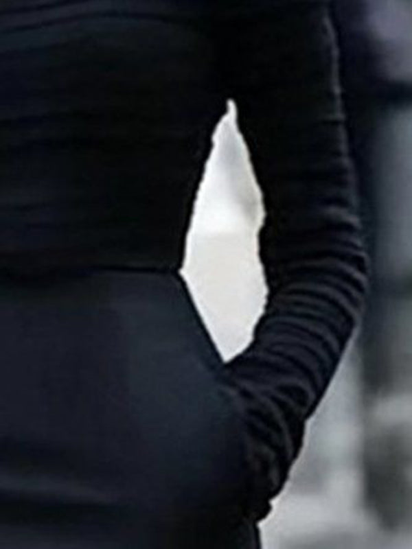 Long Sleeves Skinny Pleated Solid Color Split-Joint High Neck T-Shirts