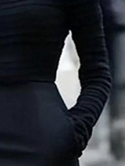 Long Sleeves Skinny Pleated Solid Color Split-Joint High Neck T-Shirts