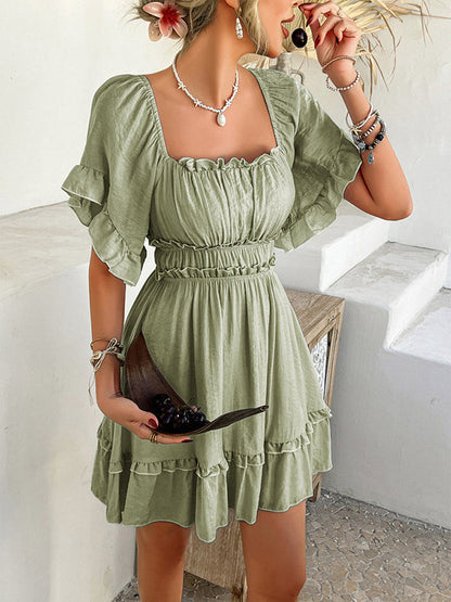 A-line High Waisted Elasticity Pleated Ruffle Trim Solid Color Square-neck Mini Dresses