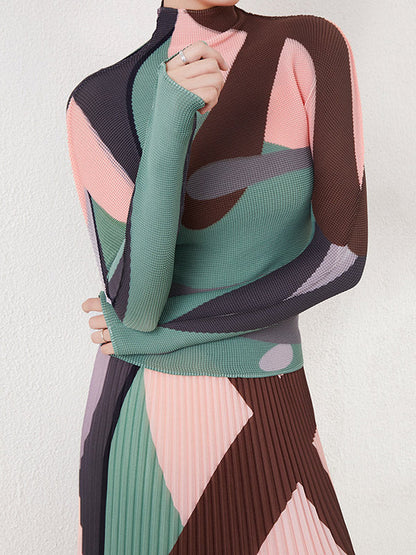 T-Shirts mit langen Ärmeln und kontrastfarbenem, plissiertem Stehkragen 