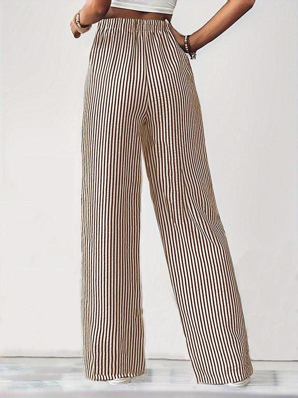Loose Drawstring Elasticity Pockets Split-Joint Striped Pants Trousers