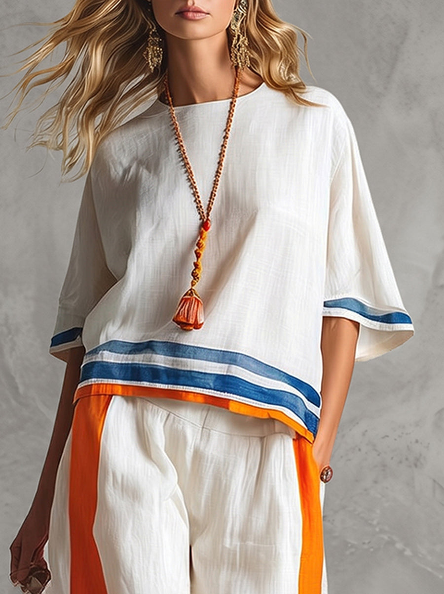 Loose Three-Quarter Sleeves Striped Round-Neck Blouses&Shirts Tops