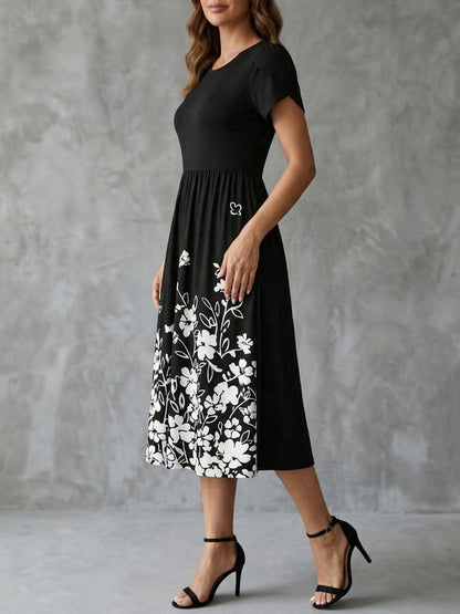 A-line High Waisted Contrast Color Flower Print Pleated Pockets Split-Joint Round-neck Midi Dresses