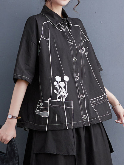 Lose Kurzarm-Blusen und -Hemden mit geknöpftem, bedrucktem Revers 