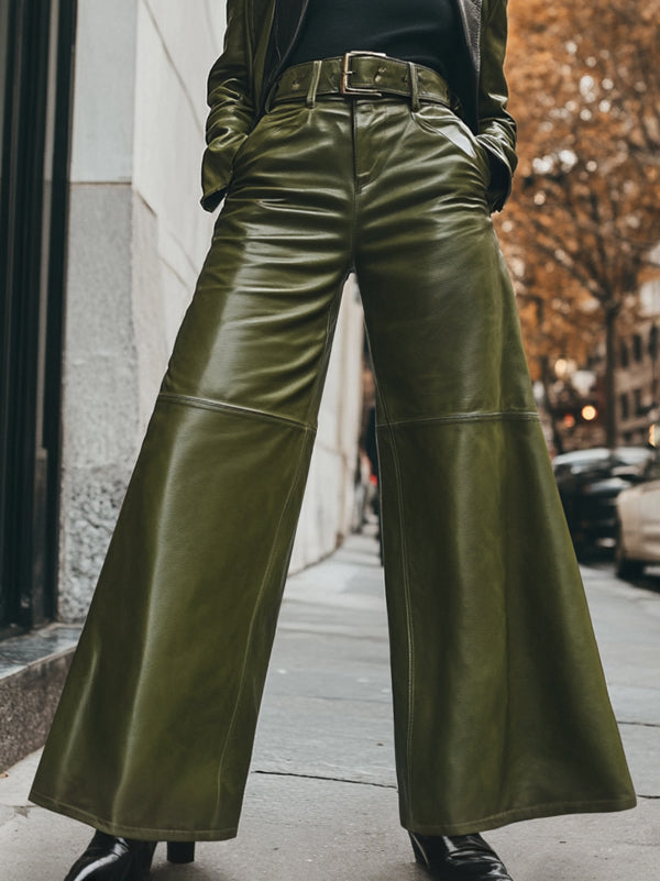 High Waisted Wide Leg Belted Pockets Solid Color Split-Joint Pants Trousers