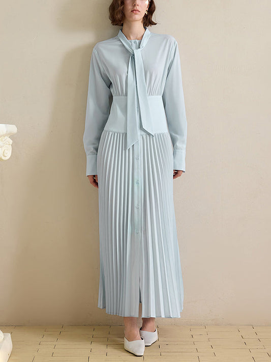 Long Sleeves Pleated Solid Color Split-Joint V-Neck Maxi Dresses