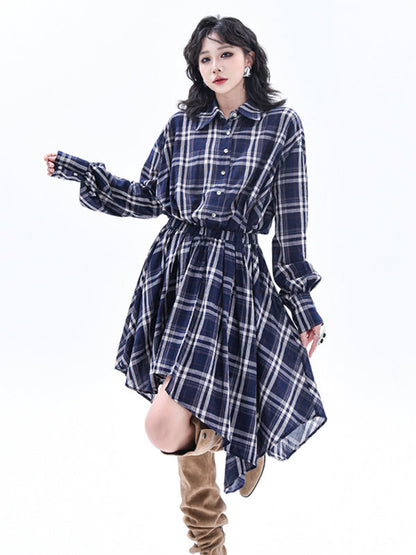 High-Low Irregularity Elasticity Plaid Lapel Collar Midi Dresses