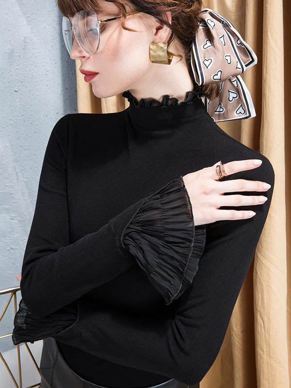 Flared Sleeves Long Sleeves Pleated Ruffled Solid Color High Neck T-Shirts Tops