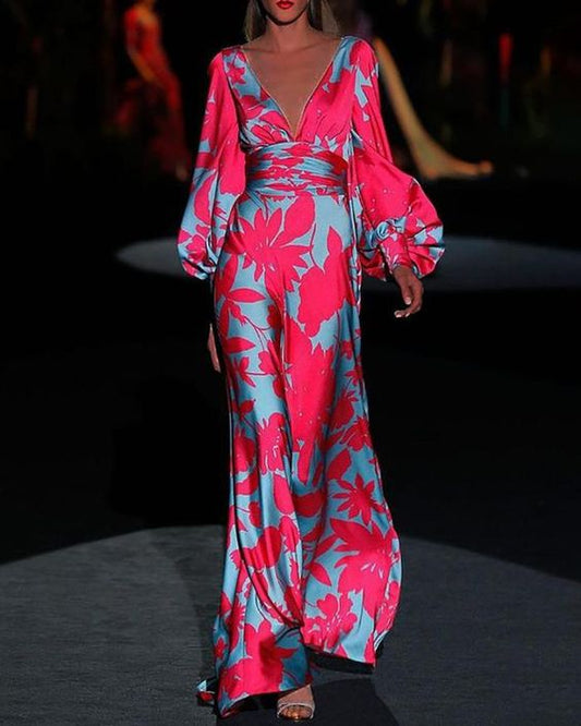 Seste | Women's Floral Satin Maxi Dress V-Neck Puff Sleeve Formal