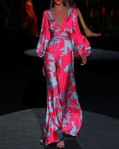 Seste | Women's Floral Satin Maxi Dress V-Neck Puff Sleeve Formal