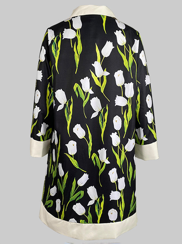 A-Linien-Minikleid mit lockerem Knopf und Blumendruck und Stehkragen 