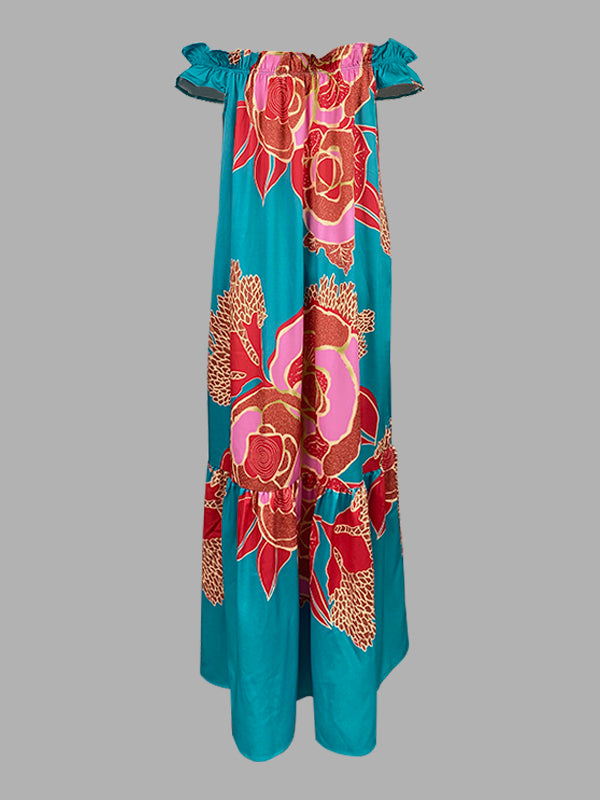 Robe longue trapèze ample à imprimé floral, plissée, fendue et épaules dénudées 