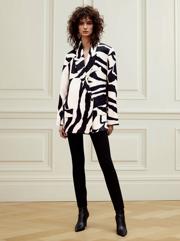 Long Sleeves Loose Buttoned Contrast Color Zebra-Stripe Lapel Collar Blazer Outerwear