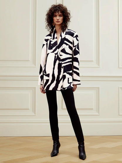 Long Sleeves Loose Buttoned Contrast Color Zebra-Stripe Lapel Collar Blazer Outerwear