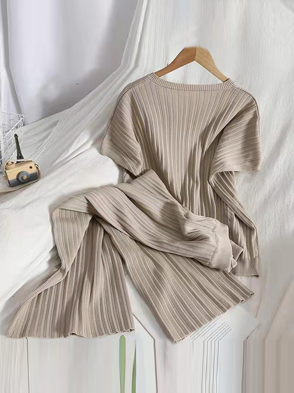 Loose Knitting Raglan Sleeve Solid Color V-Neck Sweater Top + Pants Two Pieces Set