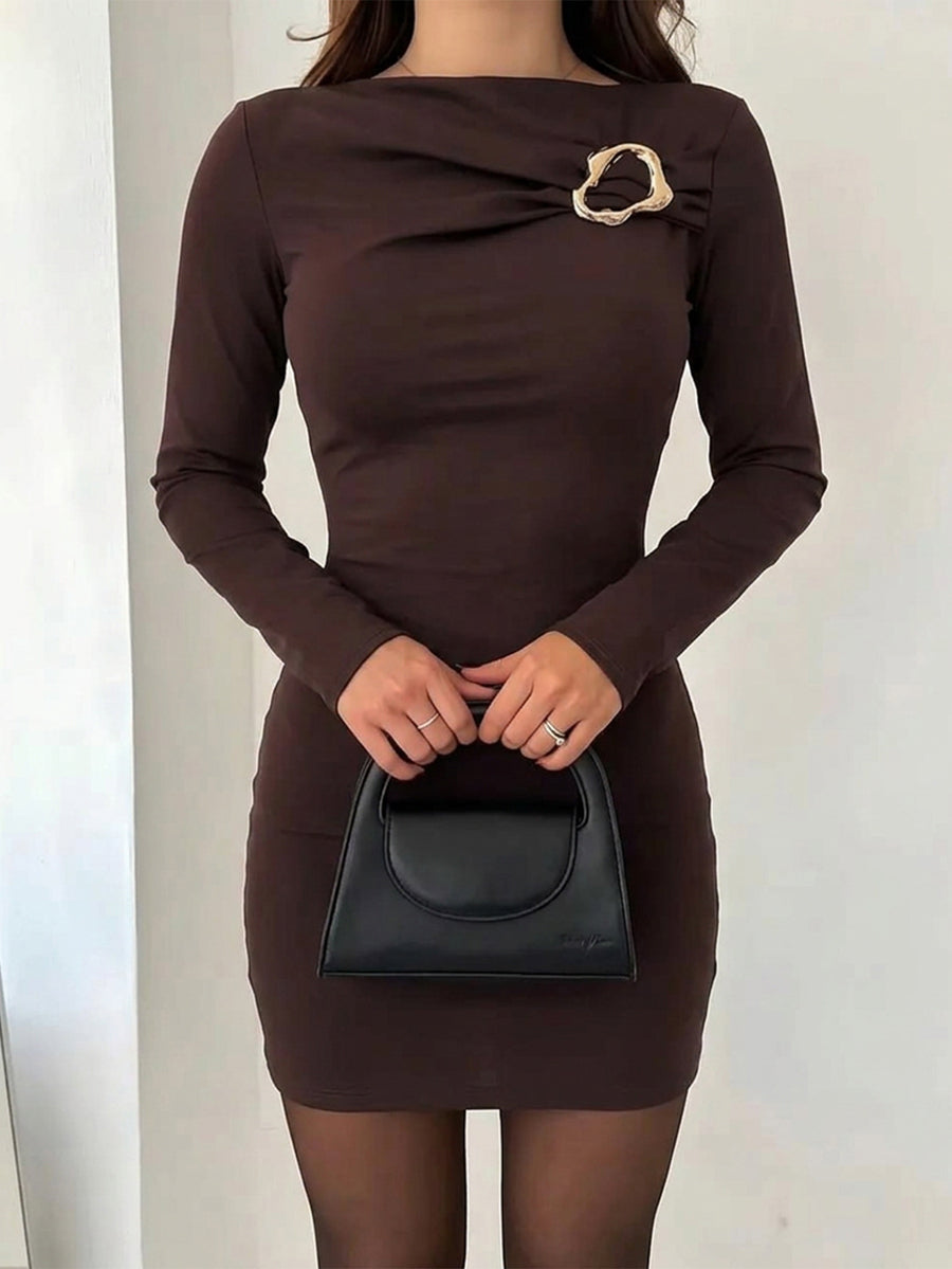 Solid Color Buckle Long Sleeves High Waisted Round-neck Mini Dresses