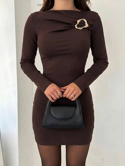 Solid Color Buckle Long Sleeves High Waisted Round-neck Mini Dresses