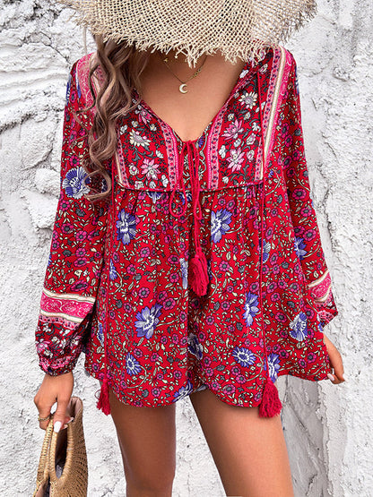 Long Sleeves Loose Contrast Color Elasticity Pleated Split-Joint Tied V-Neck Blouses&Shirts Tops