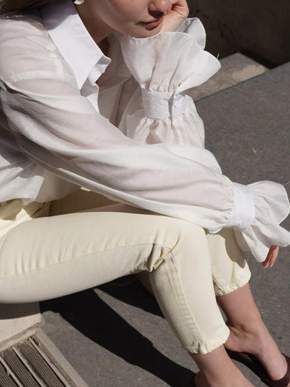 Loose Puff Sleeves Pleated Solid Color Split-Joint Lapel Blouses&Shirts Tops